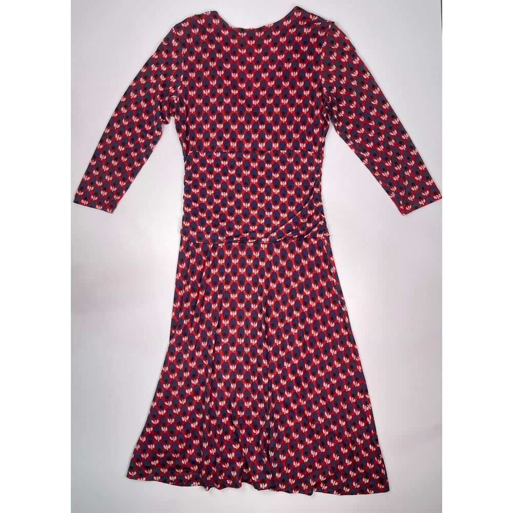 Boden Red & Navy Geometric Print Midi Dress Size 8R V-Neck Ruched Waist - Picture 6 of 10